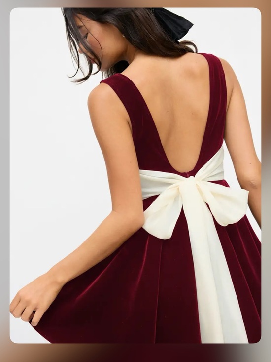 Cider Dresses & Skirts - VELVET BOAT NECK RUFFLE TIE BACK TWO TONE PATCHED BACKLESS MINI BABYDOLL DRESS M